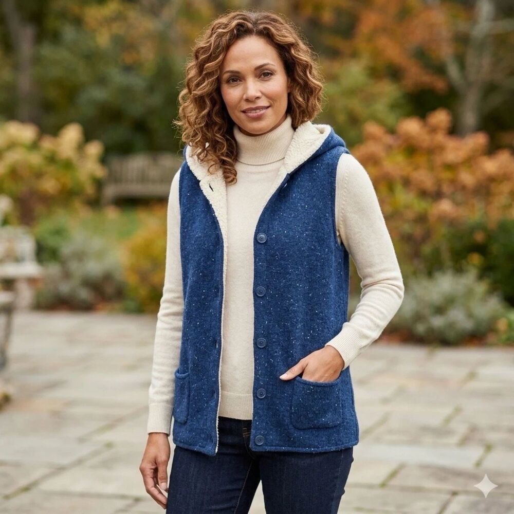 L.L. BEAN Sherpa Lined Vest Womens M Blue Lambswool Hooded Button Sweater Gorp